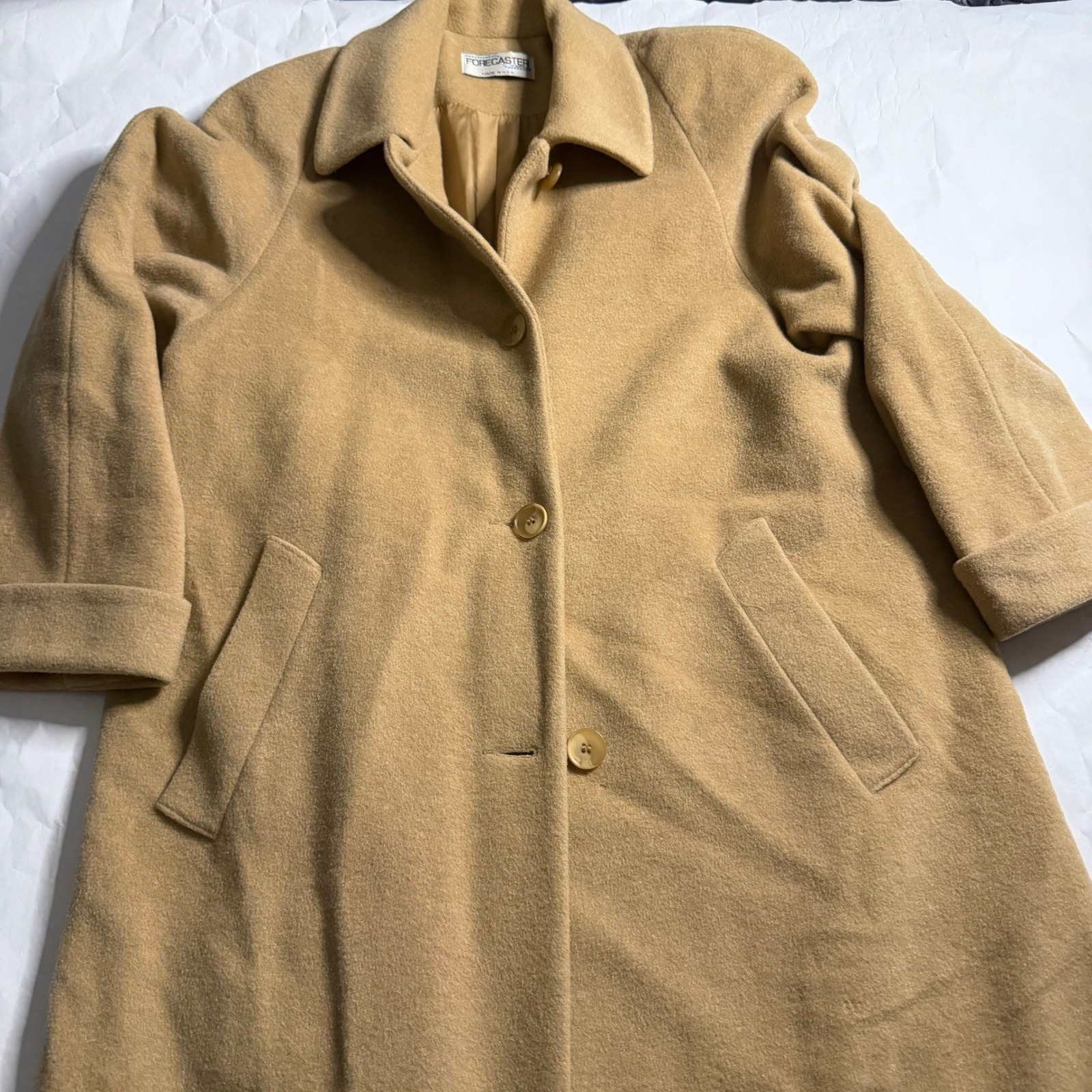 Forecaster Vtg Usa Tan Camel Wool Mohair Coat 10 Long Overcoat Top Button Front